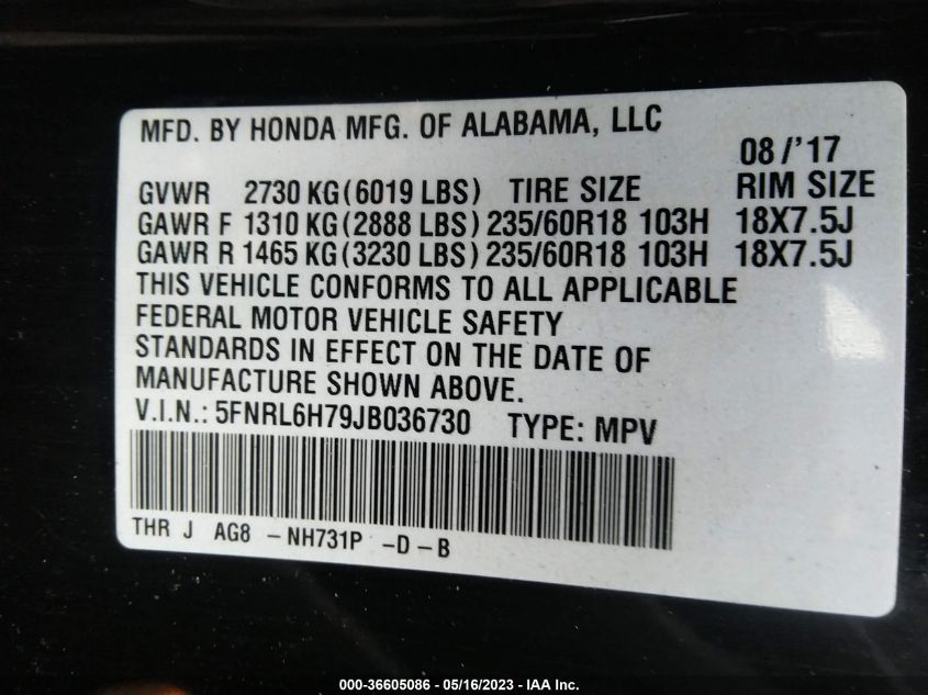2018 HONDA ODYSSEY EX-L - 5FNRL6H79JB036730