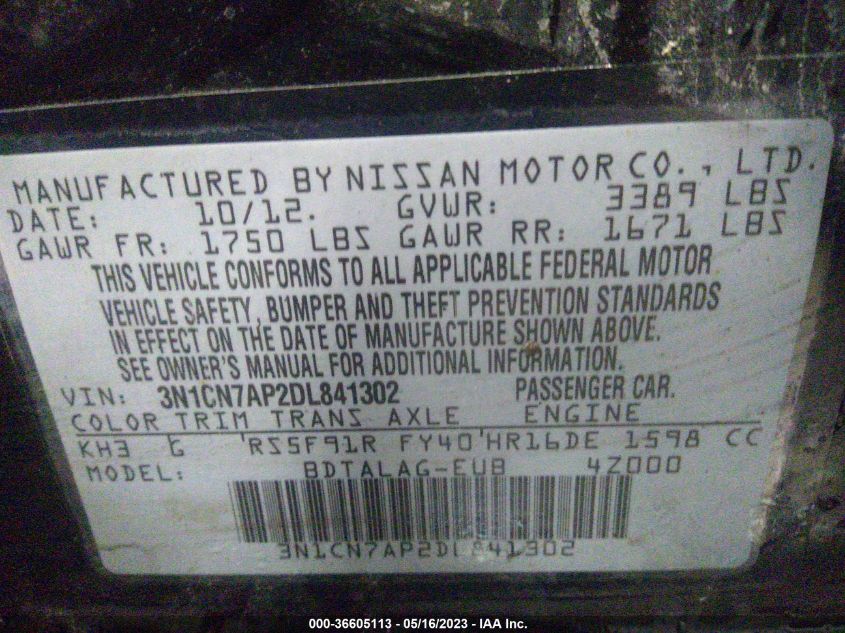 2013 NISSAN VERSA S - 3N1CN7AP2DL841302