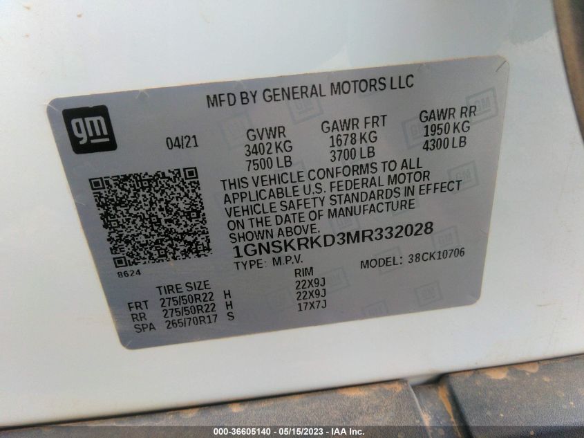 2021 CHEVROLET TAHOE RST - 1GNSKRKD3MR332028