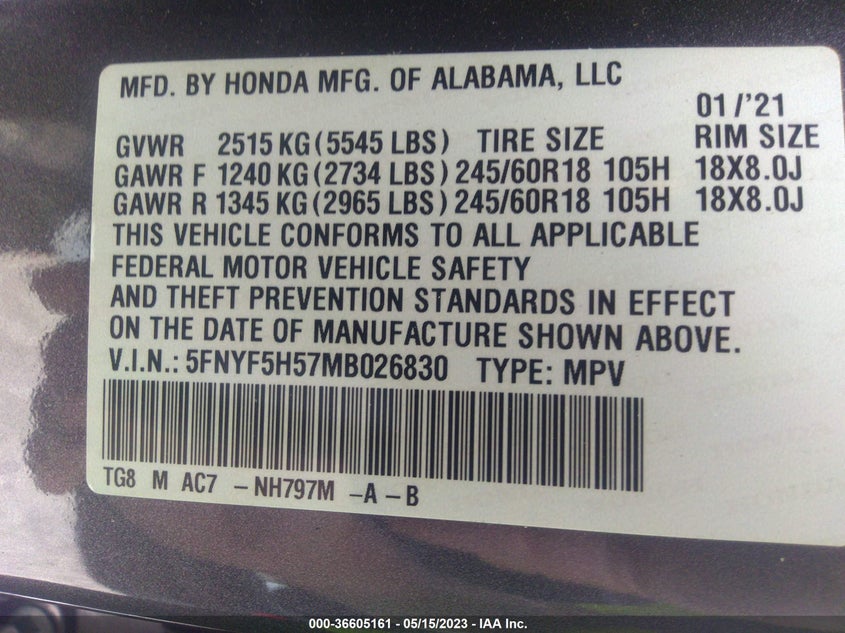 VIN 5FNYF5H57MB026830 2021 HONDA PILOT EX-L