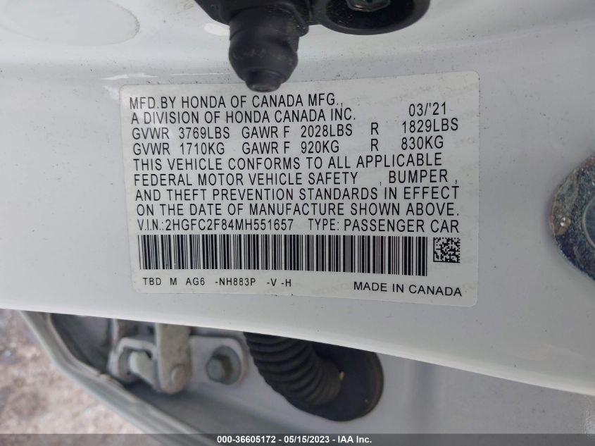 2021 HONDA CIVIC SEDAN SPORT - 2HGFC2F84MH551657