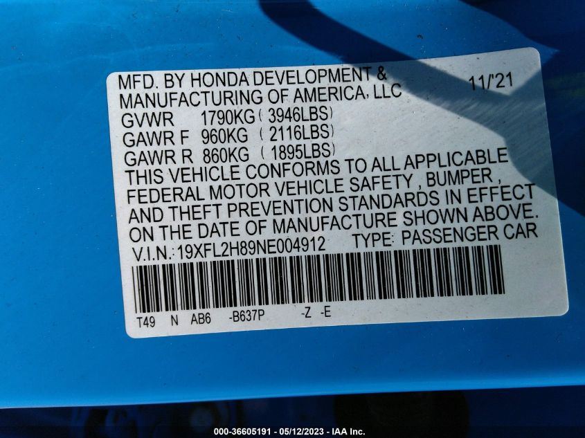 2022 HONDA CIVIC HATCHBACK SPORT - 19XFL2H89NE004912