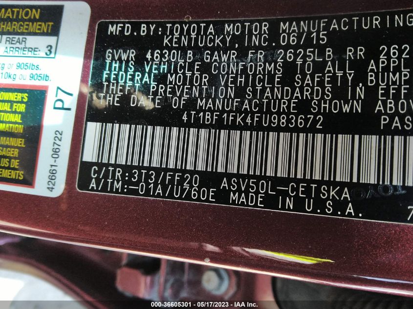 2015 TOYOTA CAMRY SE - 4T1BF1FK4FU983672
