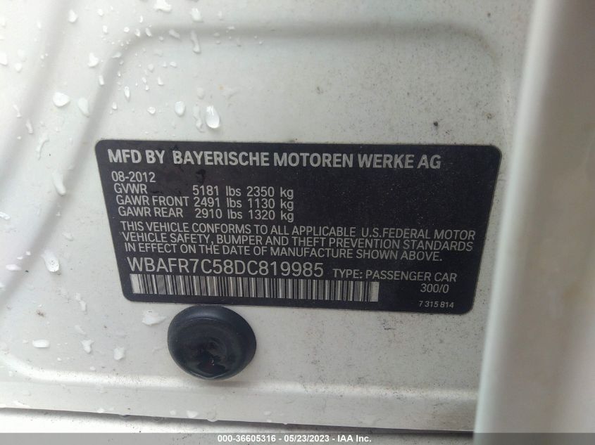 2013 BMW 5 SERIES 535I - WBAFR7C58DC819985