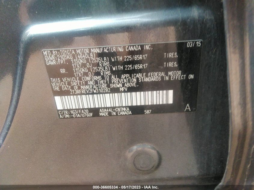 2015 TOYOTA RAV4 XLE - 2T3RFREV2FW310282