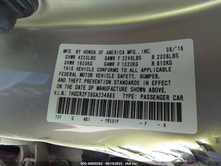 2016 HONDA ACCORD SEDAN LX - 1HGCR2F36GA234665