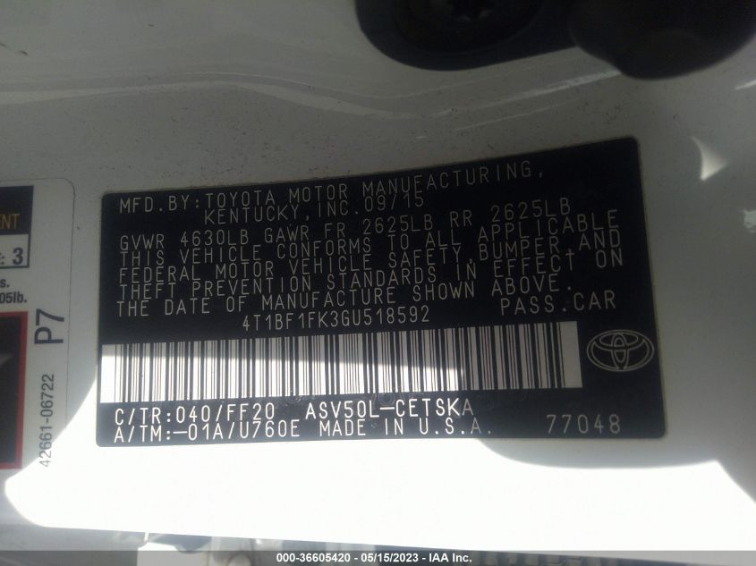 2016 TOYOTA CAMRY XLE/SE/LE/XSE - 4T1BF1FK3GU518592