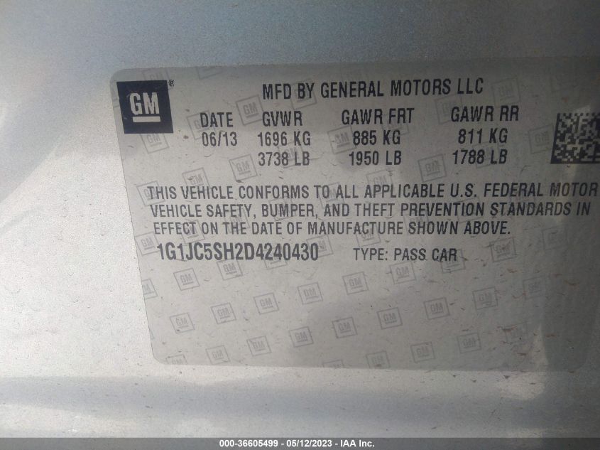 2013 CHEVROLET SONIC LT - 1G1JC5SH2D4240430