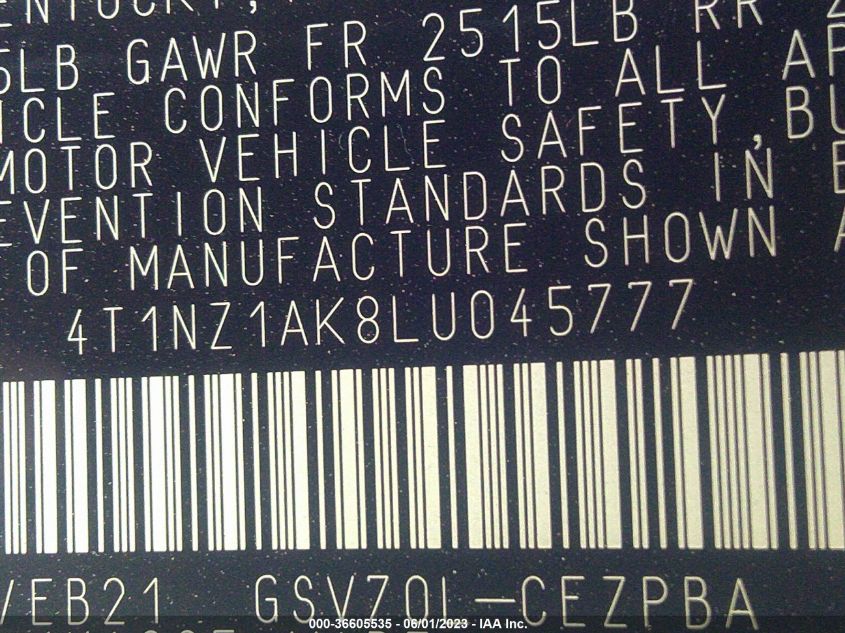 2020 TOYOTA CAMRY V6 - 4T1NZ1AK8LU045777