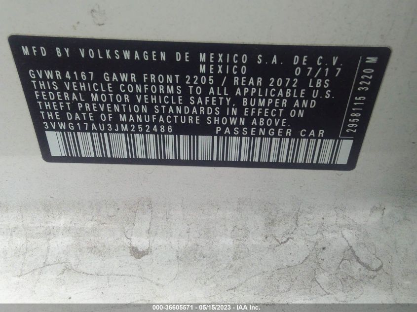 2018 VOLKSWAGEN GOLF S/SE - 3VWG17AU3JM252486