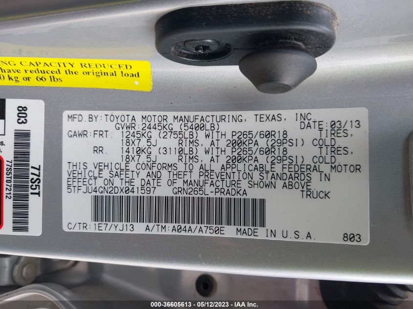 2013 TOYOTA TACOMA PRERUNNER - 5TFJU4GN2DX041597