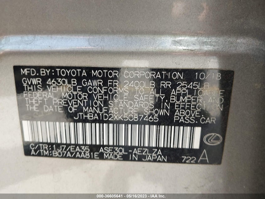 VIN JTHBA1D2XK5087465 2019 LEXUS IS IS 300