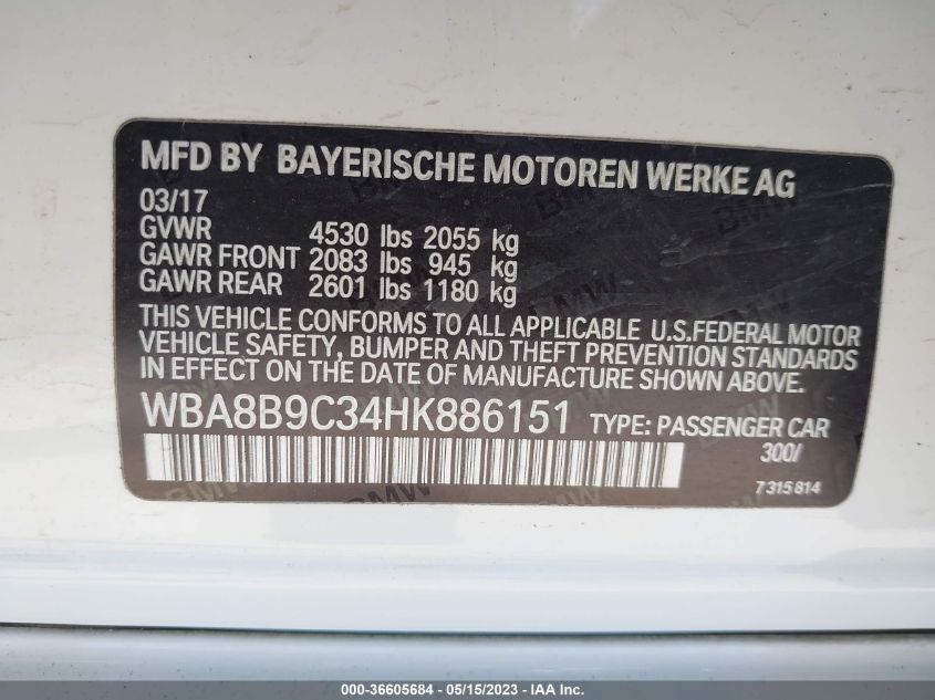 2017 BMW 3 SERIES 330I - WBA8B9C34HK886151