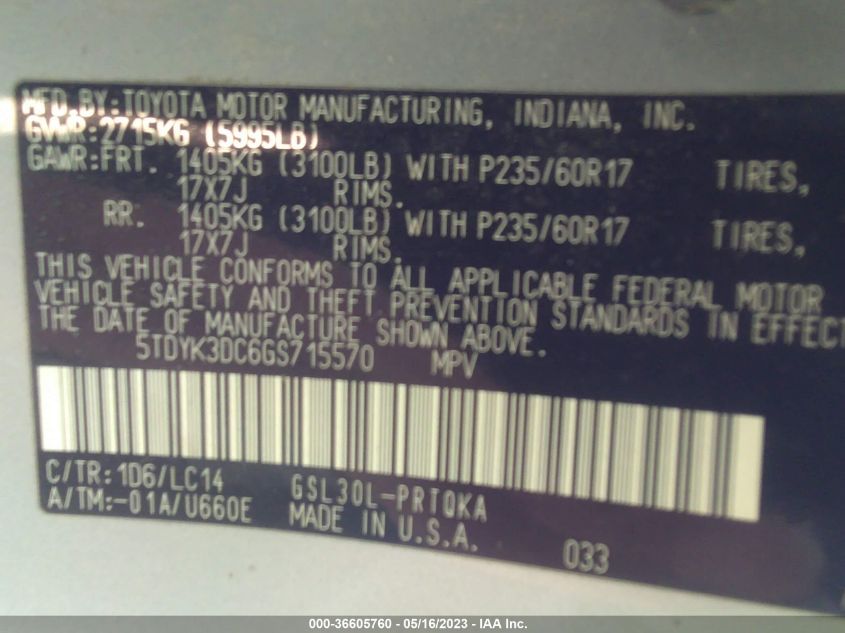 2016 TOYOTA SIENNA XLE/XLE AAS/LTD - 5TDYK3DC6GS715570