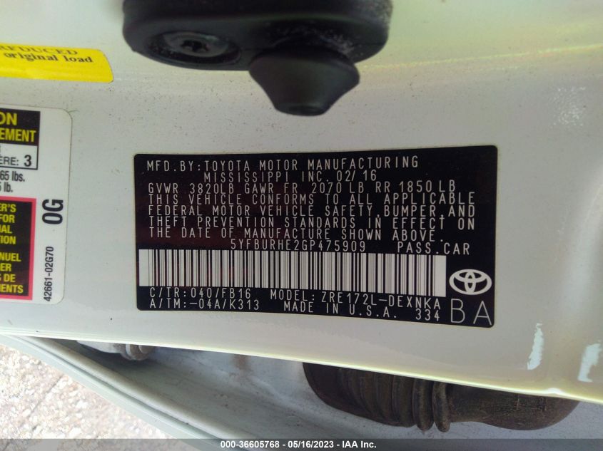 2016 TOYOTA COROLLA LE - 5YFBURHE2GP475909