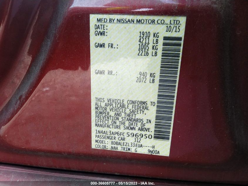 2015 NISSAN ALTIMA 2.5 S - 1N4AL3AP6FC596950