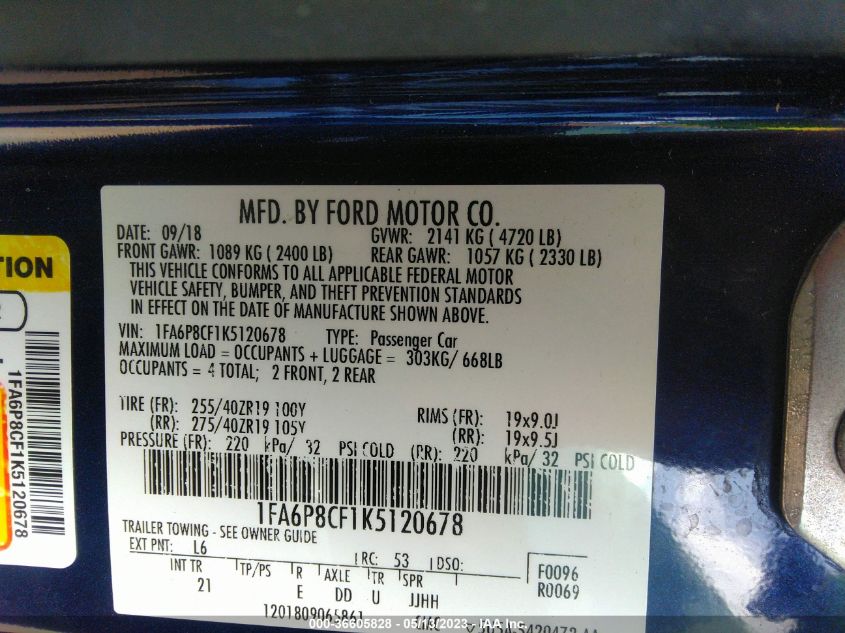 2019 FORD MUSTANG GT - 1FA6P8CF1K5120678