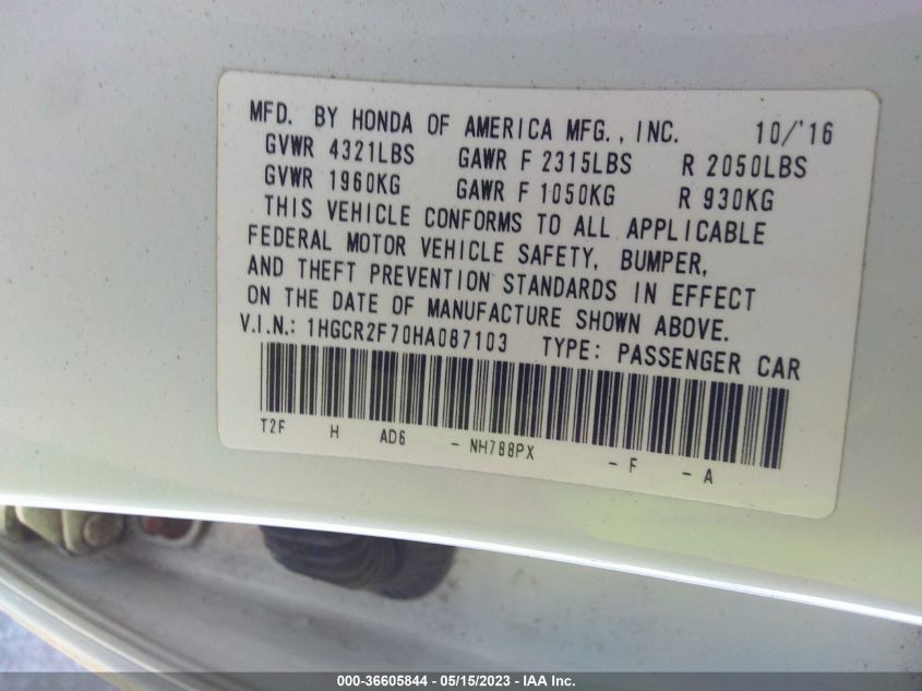 2017 HONDA ACCORD SEDAN EX - 1HGCR2F70HA087103