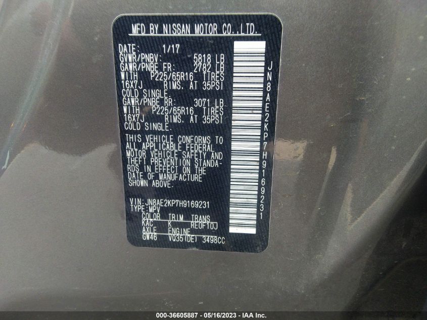 2017 NISSAN QUEST SV - JN8AE2KP7H9169231