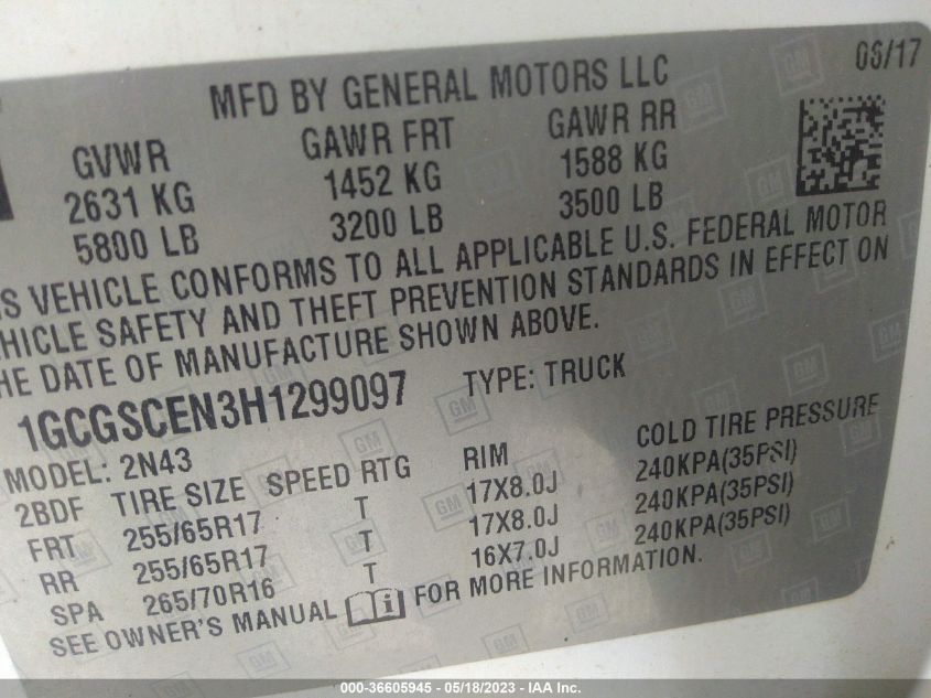 2017 CHEVROLET COLORADO 2WD LT - 1GCGSCEN3H1299097
