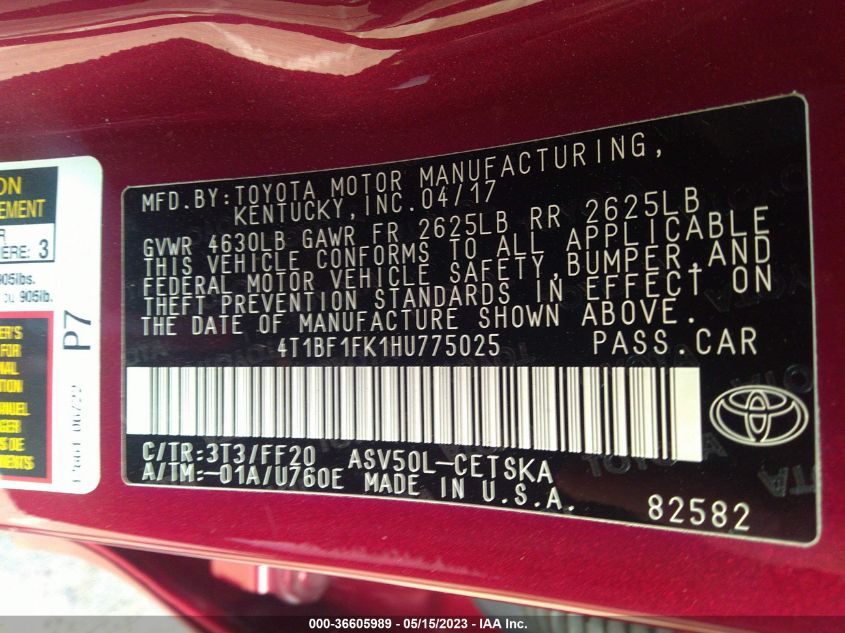 2017 TOYOTA CAMRY SE - 4T1BF1FK1HU775025