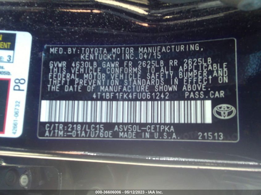 2015 TOYOTA CAMRY XLE/SE/LE/XSE - 4T1BF1FK4FU061242
