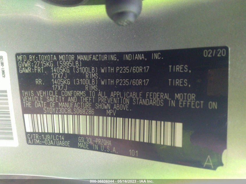 VIN 5TDYZ3DC8LS068286 2020 TOYOTA SIENNA XLE AUTO ACCESS
