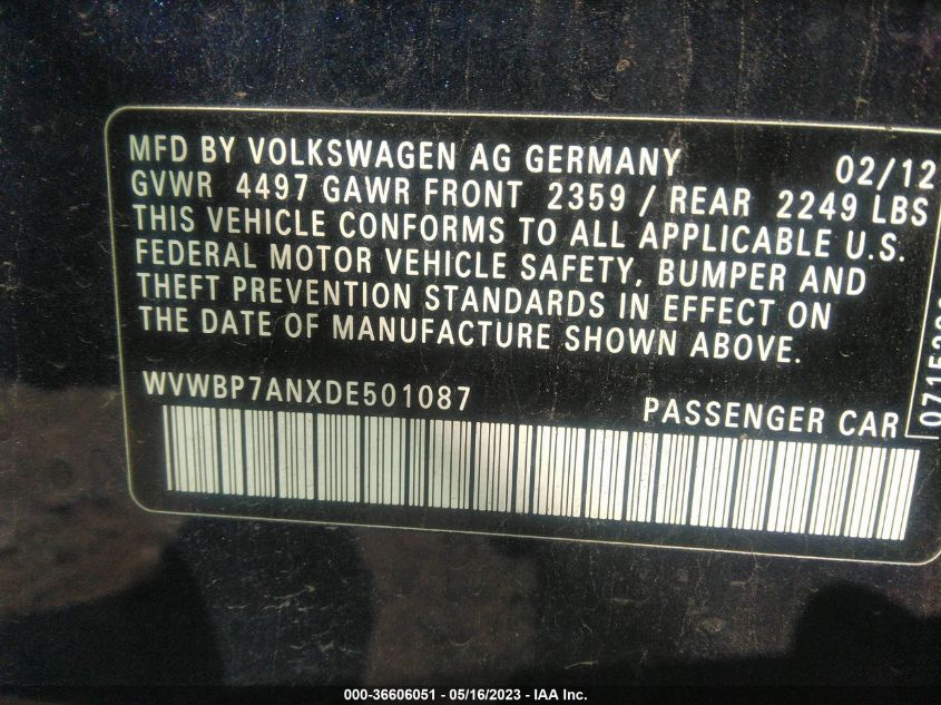 2013 VOLKSWAGEN CC SPORT PLUS - WVWBP7ANXDE501087