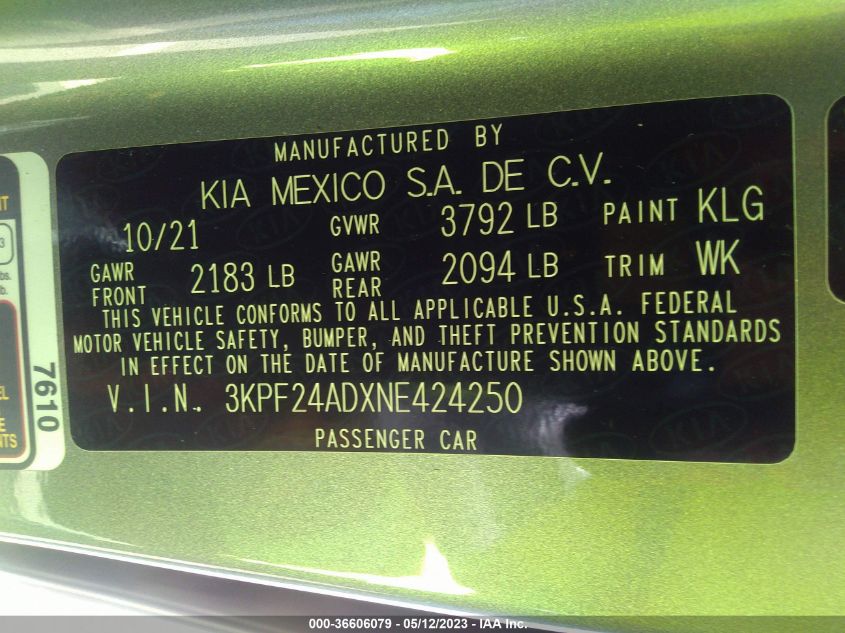 2022 KIA FORTE LXS - 3KPF24ADXNE424250