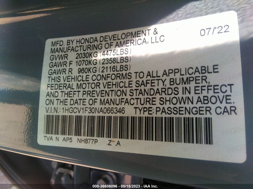 2022 HONDA ACCORD SEDAN SPORT - 1HGCV1F30NA066346