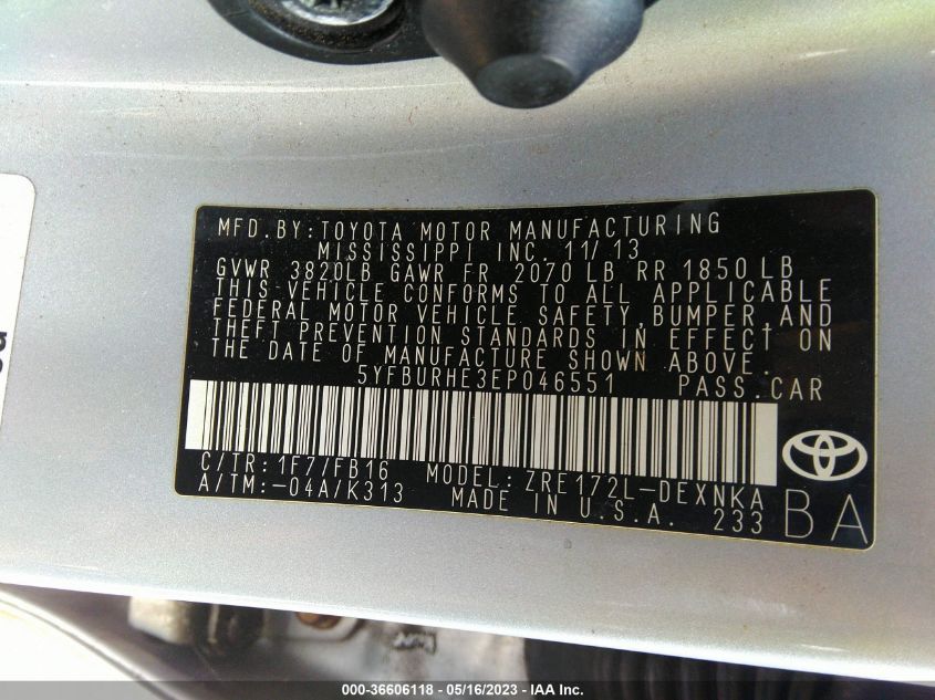 2014 TOYOTA COROLLA L/LE/S/S PLUS/LE PLUS - 5YFBURHE3EP046551