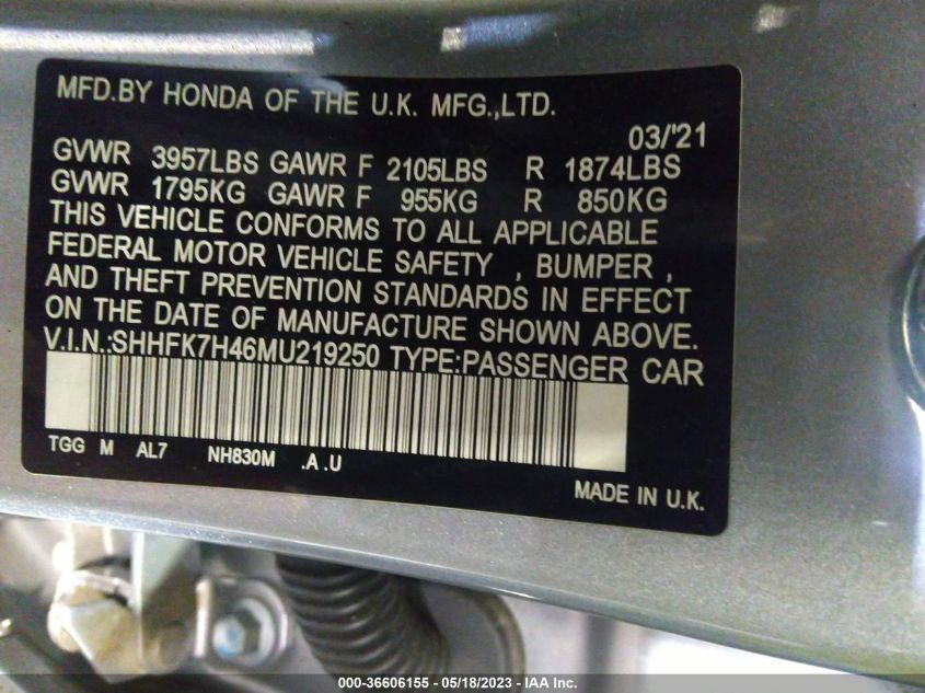 2021 HONDA CIVIC HATCHBACK SPORT - SHHFK7H46MU219250