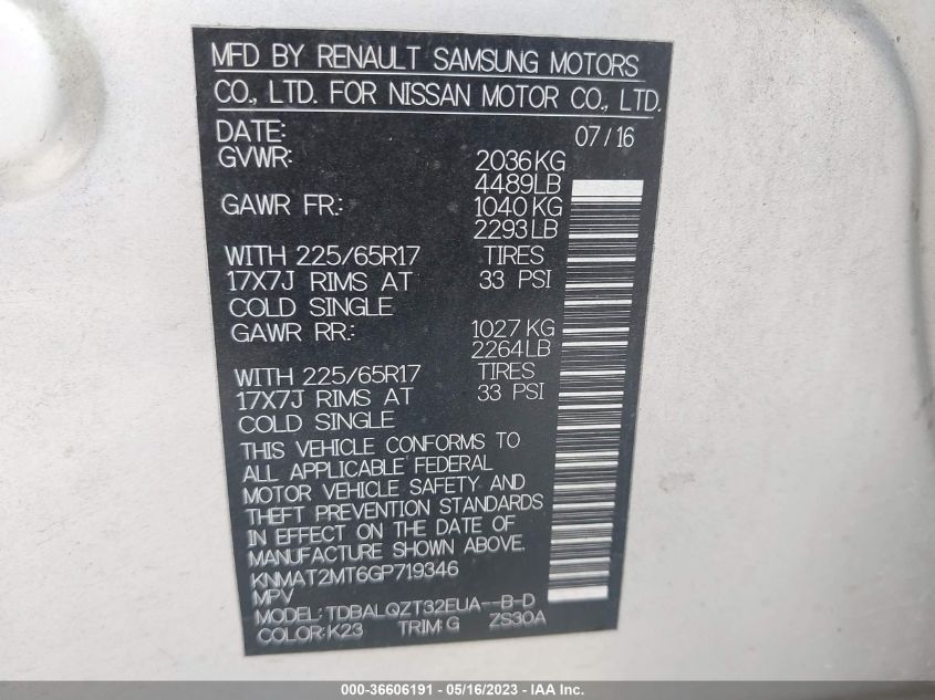2016 NISSAN ROGUE SV - KNMAT2MT6GP719346