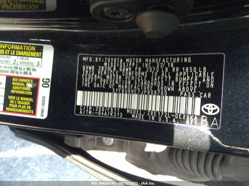 2018 TOYOTA COROLLA L/LE/XLE/SE/XSE - 5YFBURHE7JP808760