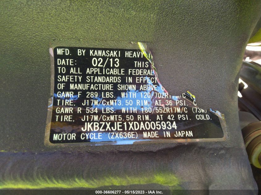 2013 KAWASAKI ZX636 E JKBZXJE1XDA005934