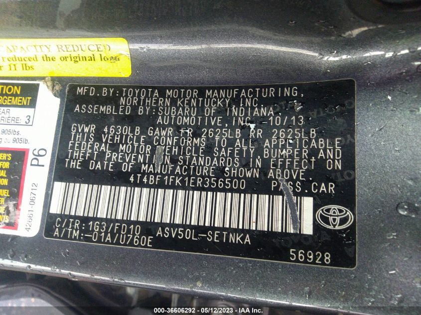2014 TOYOTA CAMRY L/LE/XLE/SE/SE SPORT - 4T4BF1FK1ER356500