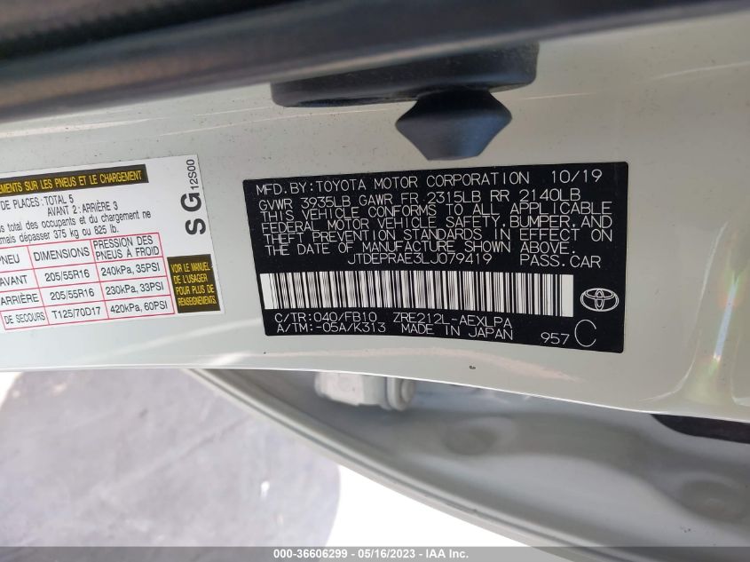 2020 TOYOTA COROLLA LE - JTDEPRAE3LJ079419