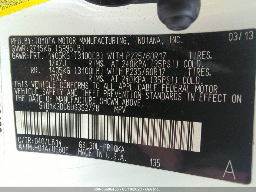 2013 TOYOTA SIENNA XLE AAS/XLE/LTD - 5TDYK3DC6DS352778