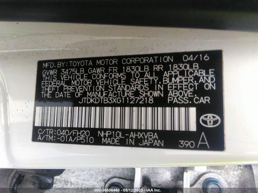 2016 TOYOTA PRIUS C ONE/TWO/THREE/FOUR - JTDKDTB3XG1127218