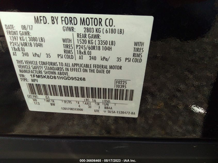 2017 FORD EXPLORER XLT - 1FM5K8D81HGD95268