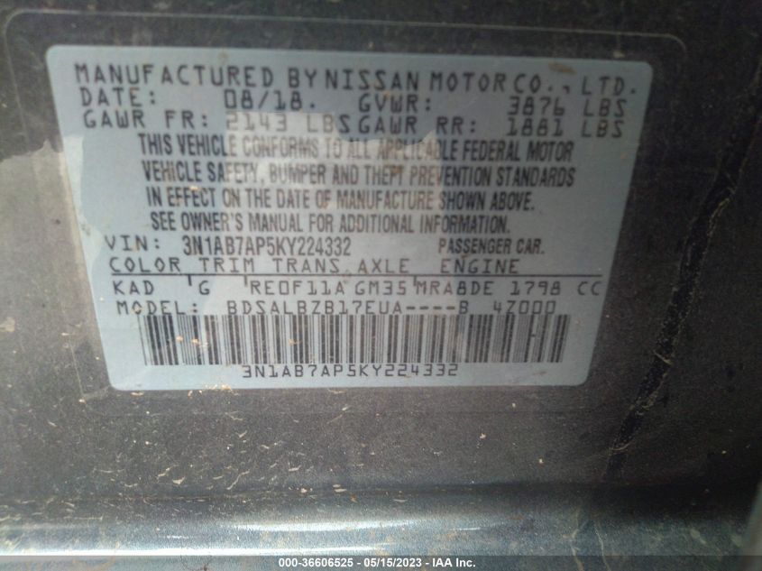 3N1AB7AP5KY224332 Nissan Sentra S 9