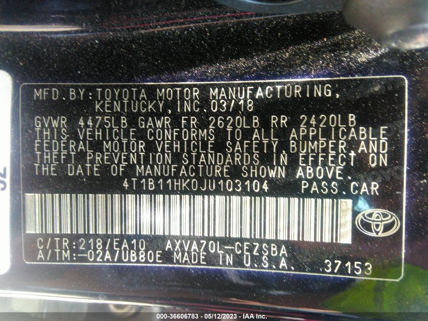 2018 TOYOTA CAMRY LE/SE/XLE/L - 4T1B11HK0JU103104