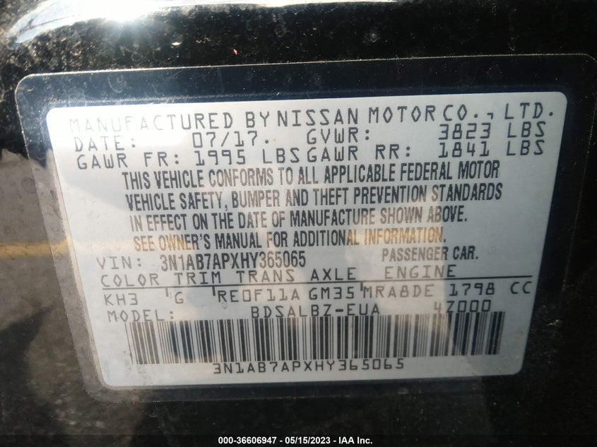 VIN 3N1AB7APXHY365065 2017 NISSAN SENTRA S