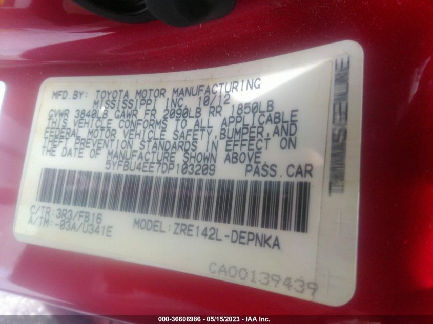 2013 TOYOTA COROLLA L/LE/S - 5YFBU4EE7DP103209