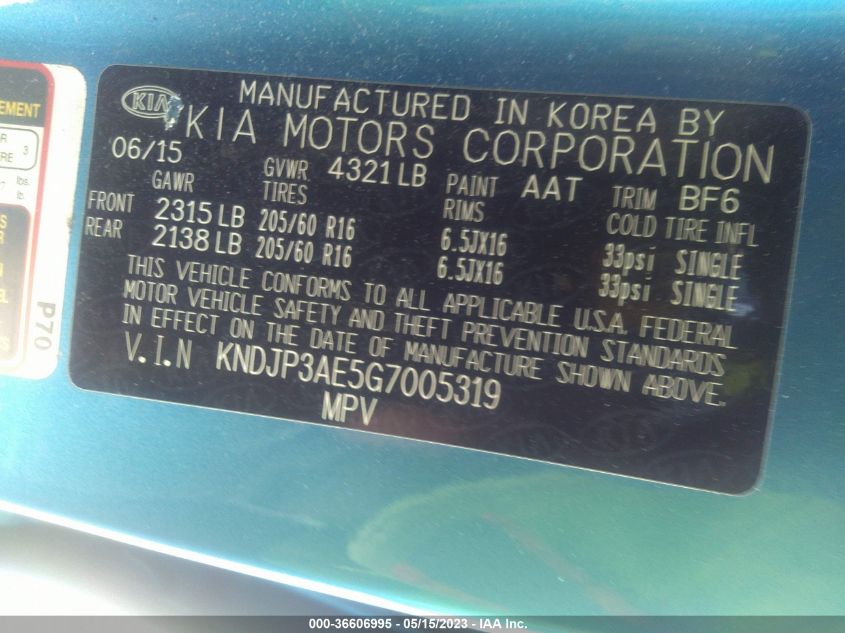 2016 KIA SOUL EV KNDJP3AE5G7005319