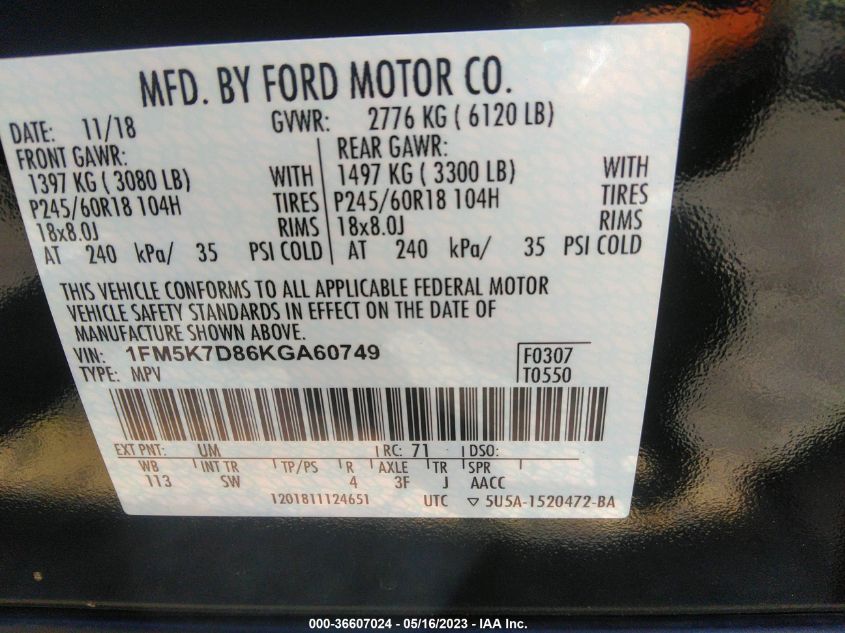 2019 FORD EXPLORER XLT - 1FM5K7D86KGA60749