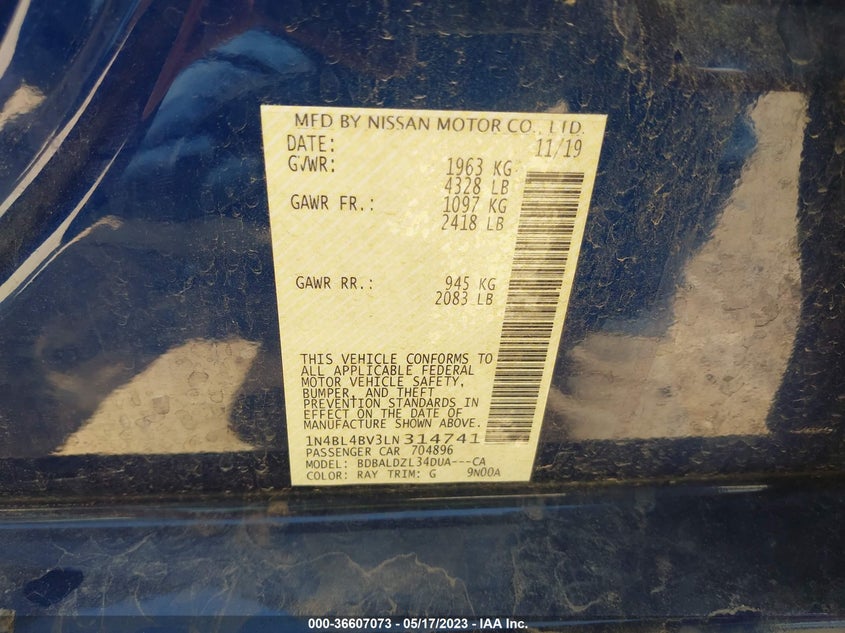 VIN 1N4BL4BV3LN314741 2020 NISSAN ALTIMA 2.5 S