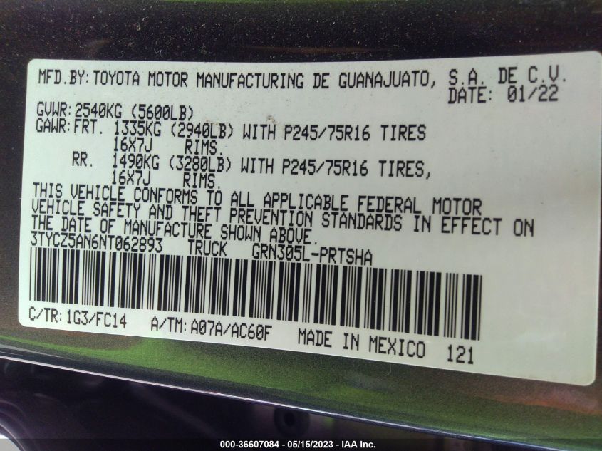 2022 TOYOTA TACOMA 4WD SR/SR5/TRD SPORT - 3TYCZ5AN6NT062893
