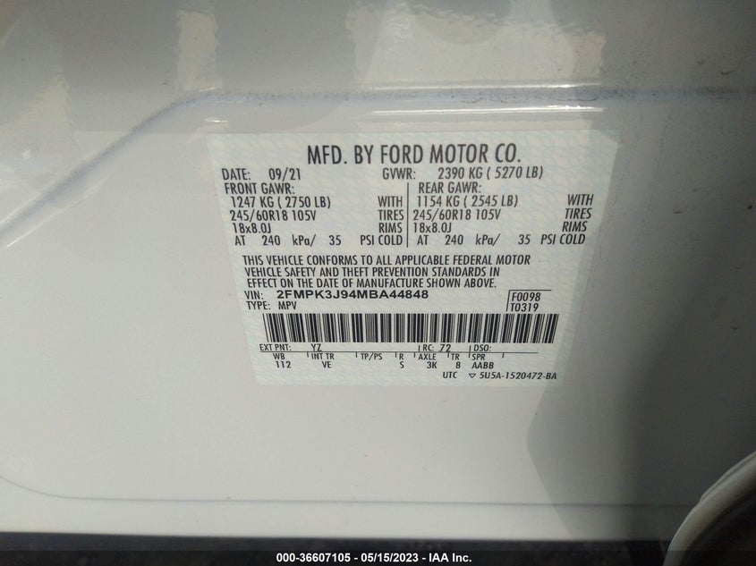 VIN 2FMPK3J94MBA44848 2021 FORD EDGE SEL/ST-LINE