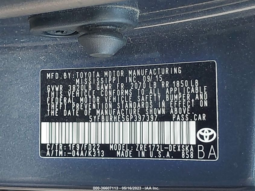 2016 TOYOTA COROLLA L/LE/S/S PLUS/LE PLUS - 5YFBURHE5GP397397